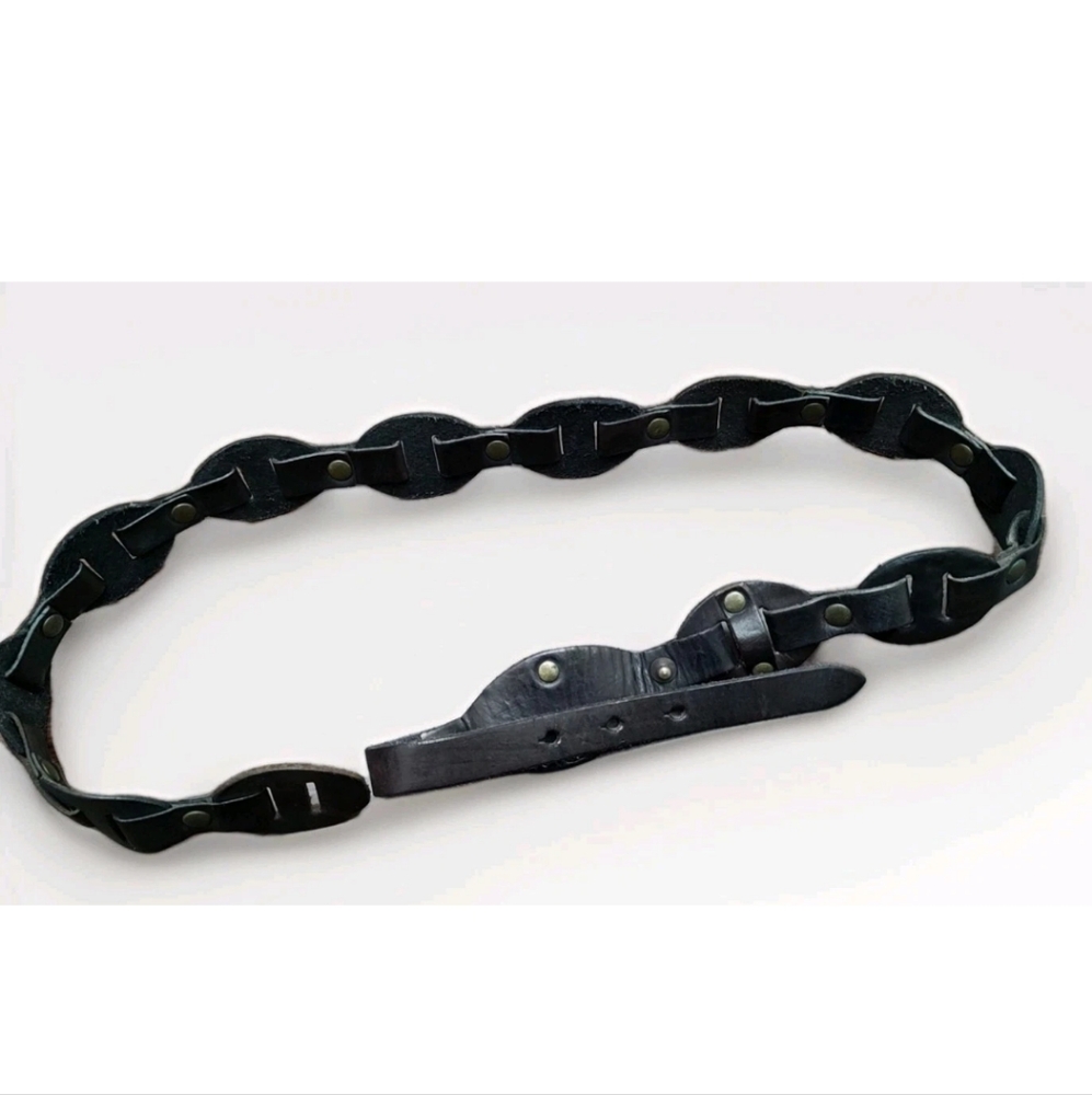 Gap Black Leather Retro Style Link Belt With Looped & Stud Closure - Picture 2 of 7